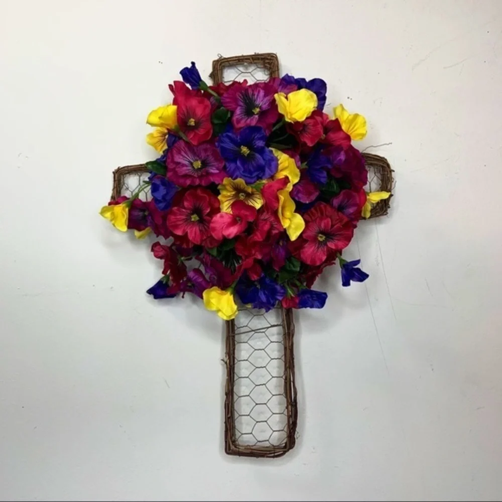 Easter Spring Floral Cross Wreath Pansy Door Decor